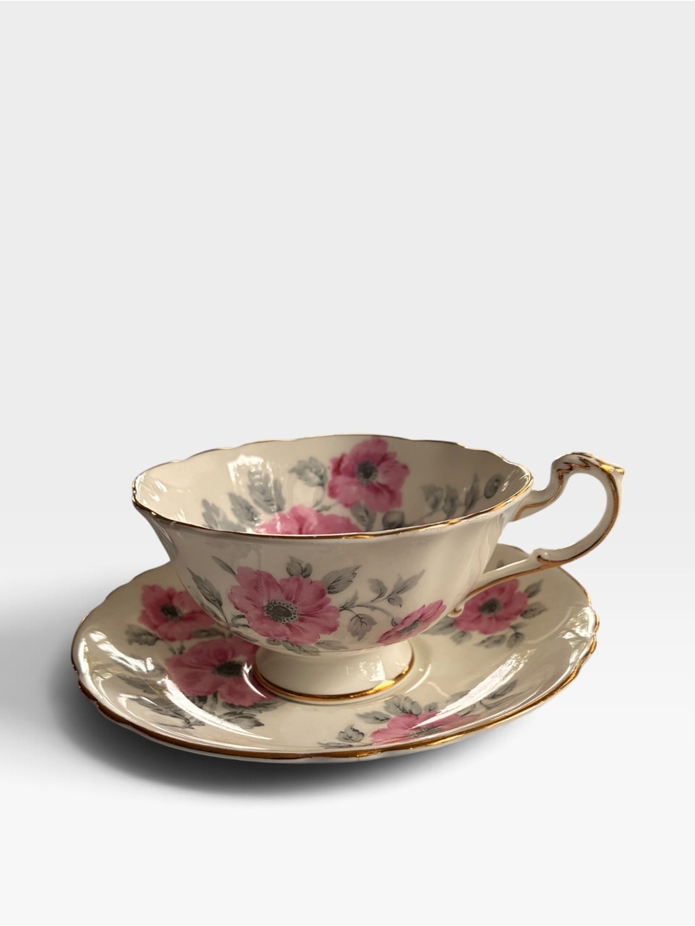 PARAGON Double Warrant Cream Teacup and Saucer with Pink Floral and Gold Trim